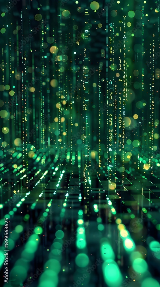 Poster captivating digital matrix background with flowing binary code and neon lights