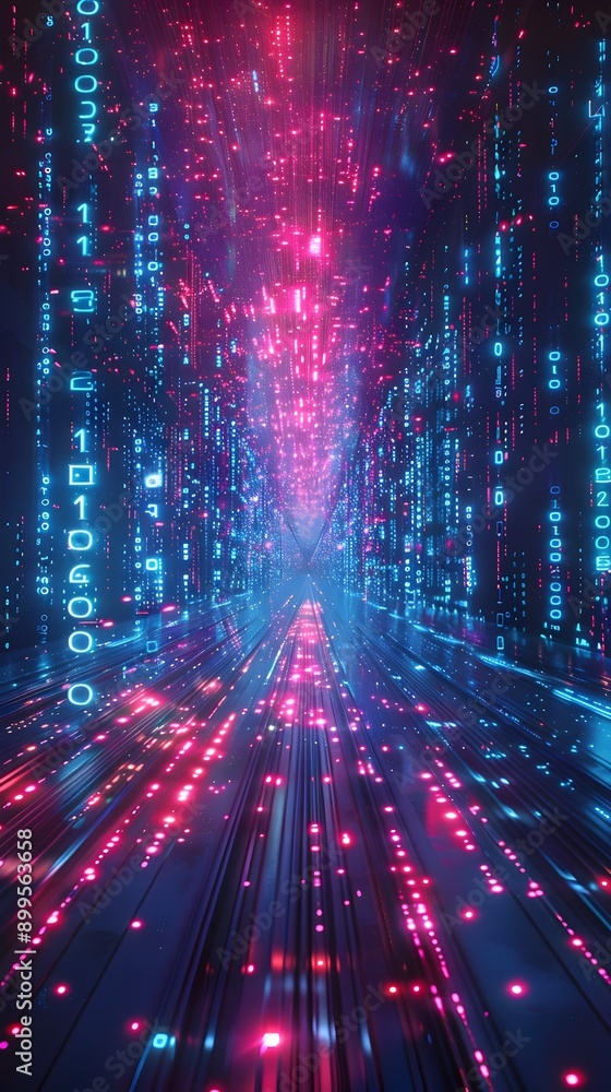 Poster luminous digital matrix with flowing binary code and neon lights endless data stream cyber backgroun