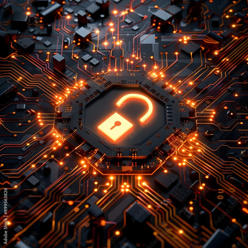 Poster cybersecurity concept with glowing digital lock and circuit board patterns advanced secure cyber bac