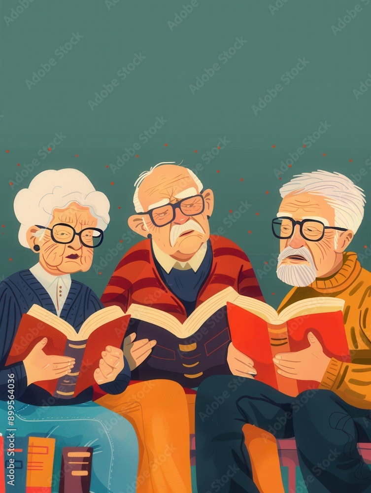 Aufkleber Three elderly individuals study foreign languages together, surrounded by textbooks and dictionaries, deepening their knowledge and skills. Generative AI
