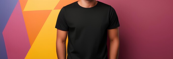 plain black t shirt mockup male model front view colorful background banner