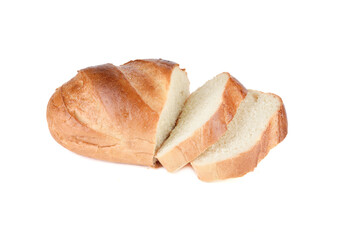 Slices of fresh loaf of white bread on white background.