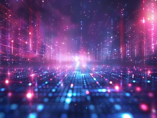 Fototapeta premium Immersive Futuristic Cyber Landscape with Neon Lights and Digital Grids Glowing High Tech Atmosphere