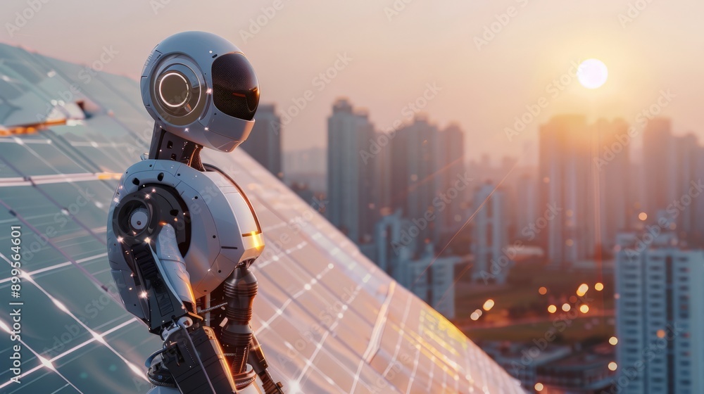 Poster Futuristic robot teacher using advanced technology to educate students in modern classroom. AI and robotics innovation in educational settings.