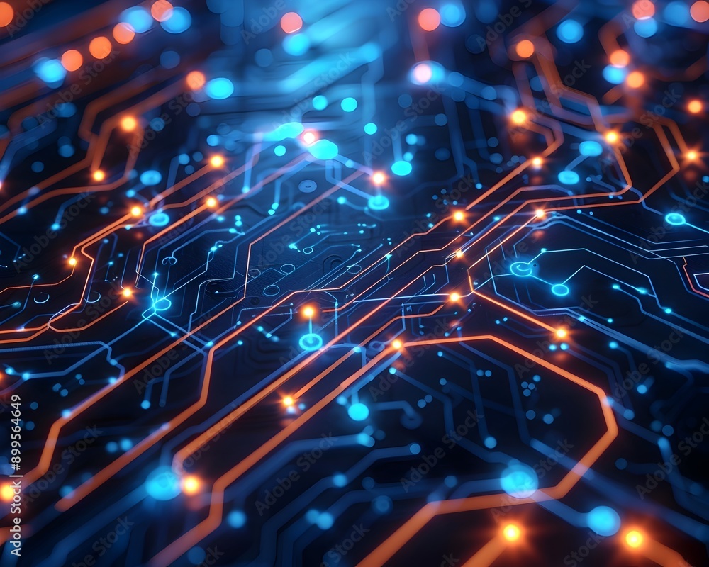 Poster vibrant cyber circuit board with glowing nodes and intricate design