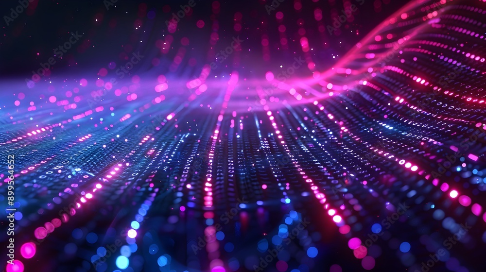 Poster dynamic digital data stream with neon cyber lights and abstract background