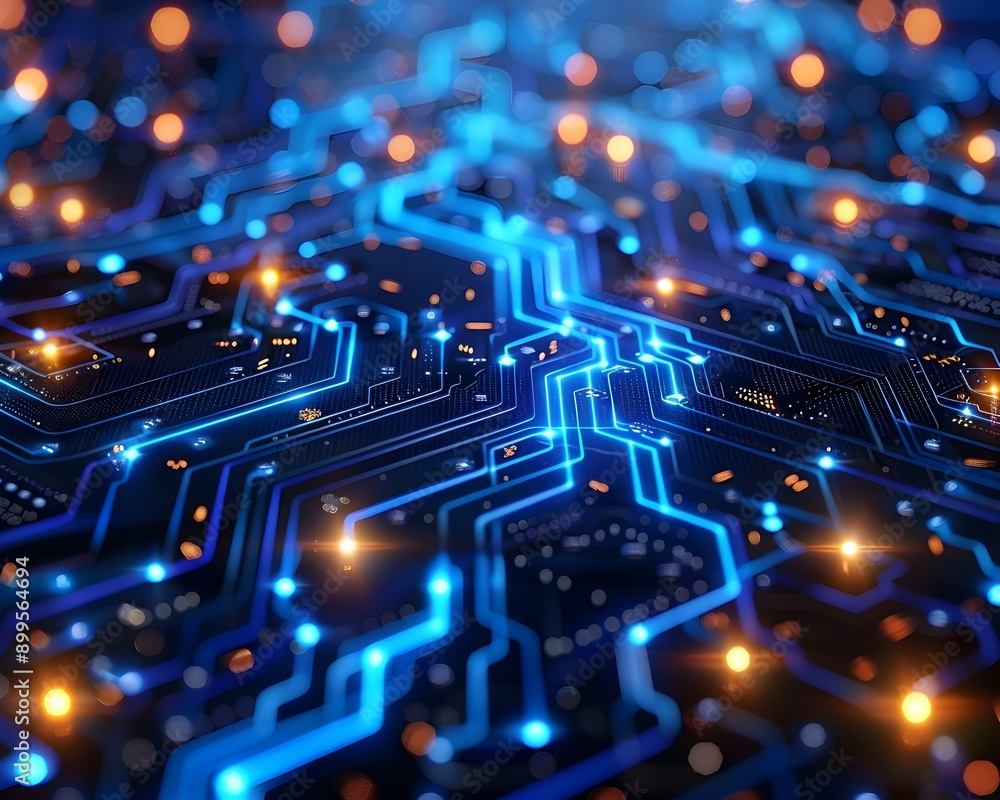 Aufkleber intricate cyber circuit board with glowing blue lines and nodes high tech digital background
