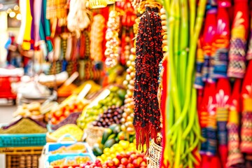 Fototapeta premium Vibrant market stall with an array of fresh produce and colorful crafts on display