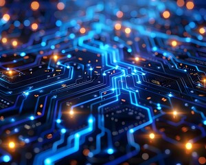 Fototapeta premium Intricate Cyber Circuit Board with Glowing Blue Lines and Nodes High Tech Digital Background