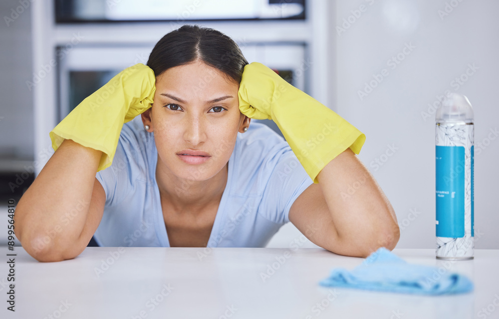 Poster Woman, frustrated and portrait for cleaning in home, products and tired with gloves for hygiene. Person, exhausted and overworked with cloth, chemical and bottle for routine to stop bacteria in house