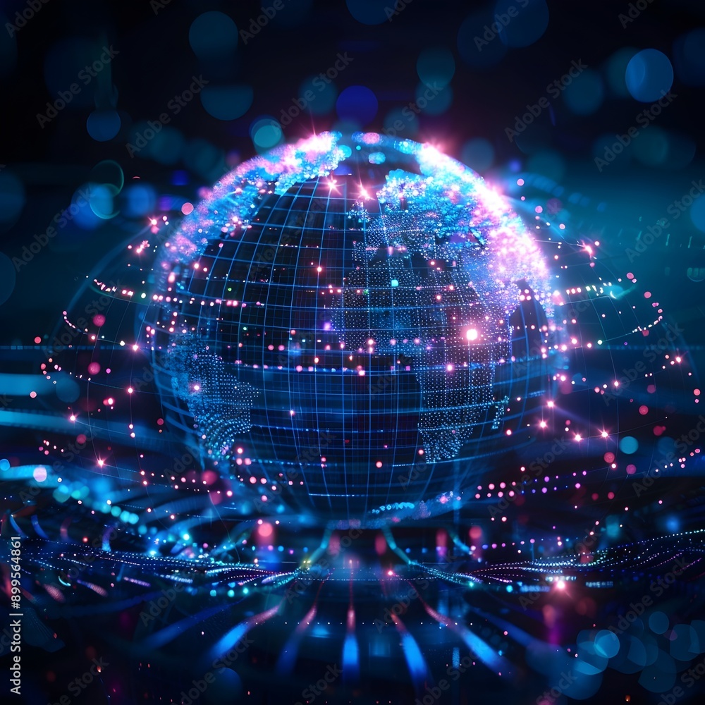 Poster glowing holographic globe with interconnected data points cyber network background concept