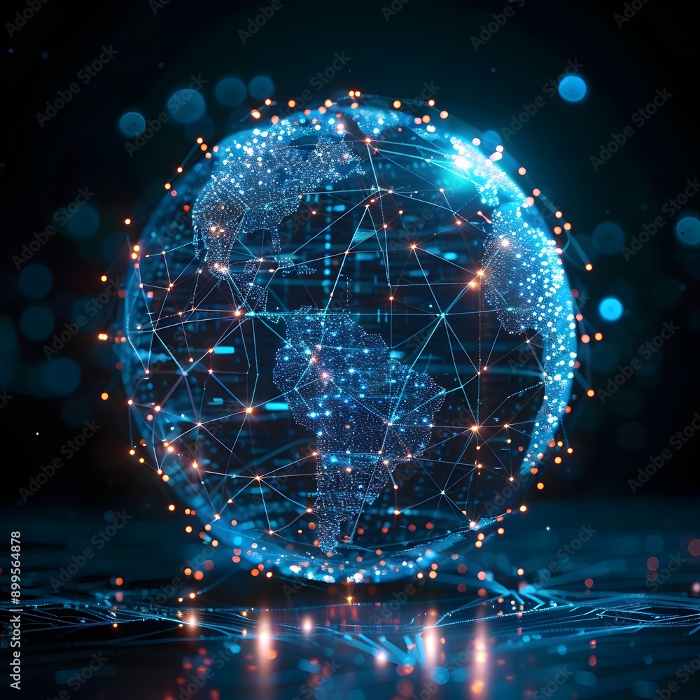 Poster abstract holographic globe with dynamic interconnected data points in cyber network background