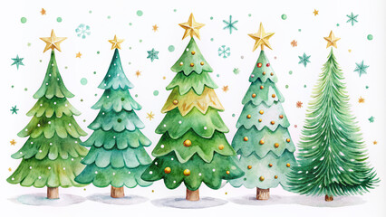 Whimsical watercolor illustration of festive Christmas trees in various sizes and shapes against a clean white background, adorned with subtle snowflakes and stars.