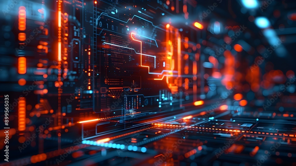 Poster abstract digital interface with floating holograms and neon lights cyber technology background conce