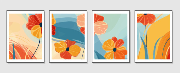 Naklejka premium set of abstract vector backgrounds featuring tropical leaves. Hand-drawn textures suitable for wall decoration, postcard designs, or brochure covers.