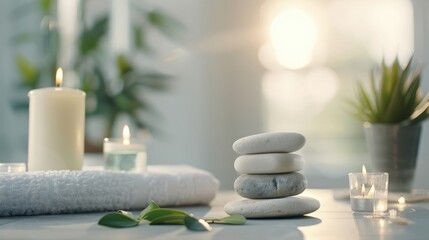 Spa stones in a tranquil setting, with candlelight and aromatic oils, creating a relaxing atmosphere.