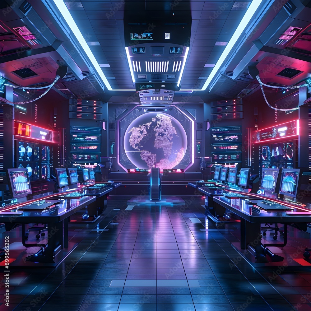 Poster futuristic cyber control center with holographic displays and neon lighting concept