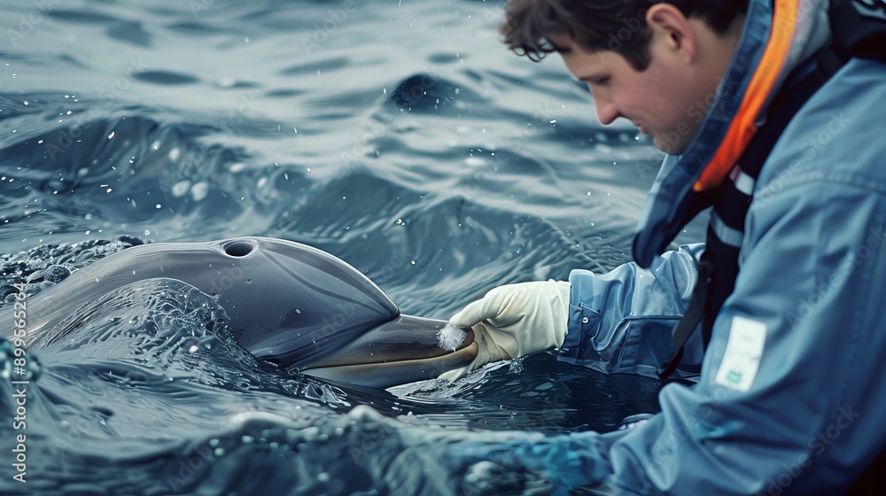 Wall mural A marine scientist tagging a dolphin for research