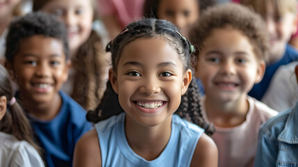 A group of smiling multicultural children in a classroom, showcasing their joy and friendship, ready for a day of learning and fun.