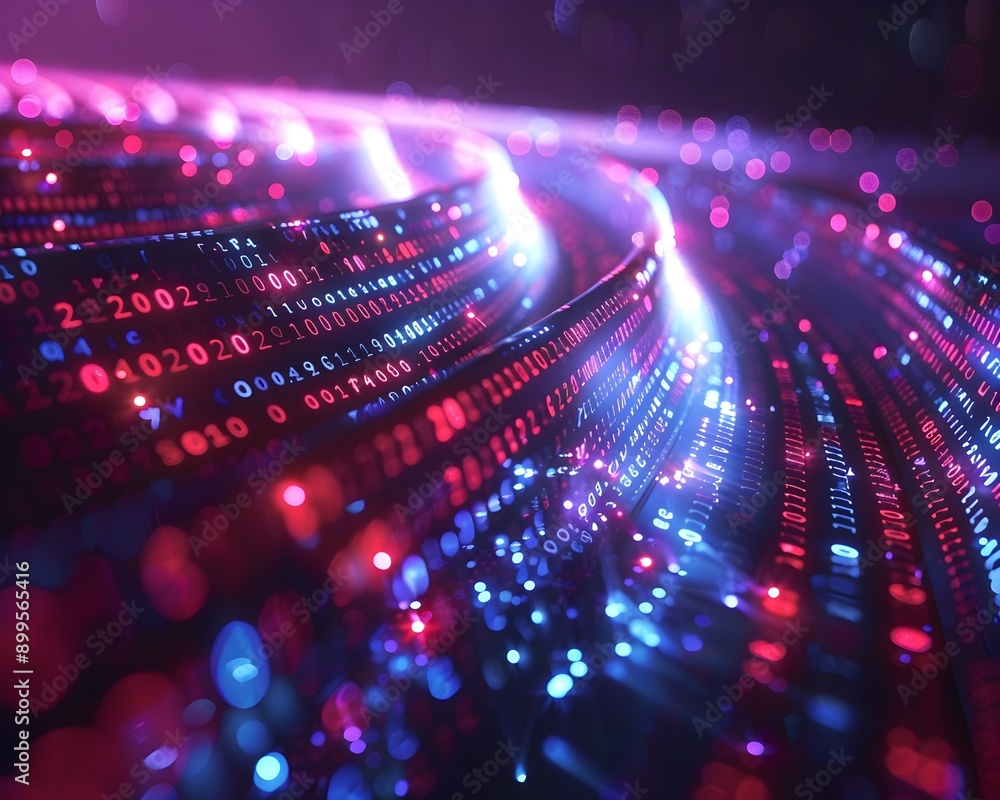 Poster flowing binary code with neon lights digital data stream and cyber theme on dark background
