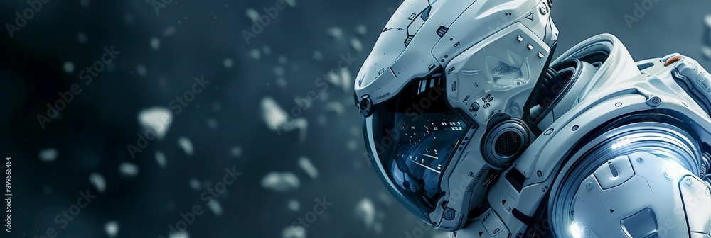 Poster Close-up of a high-tech robotic helmet in a space environment. The image represents advanced technology and the future of space exploration.