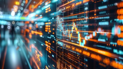 Fototapeta premium Futuristic Digital Financial Data Display with Graphs and Charts in a Modern High-Tech Environment
