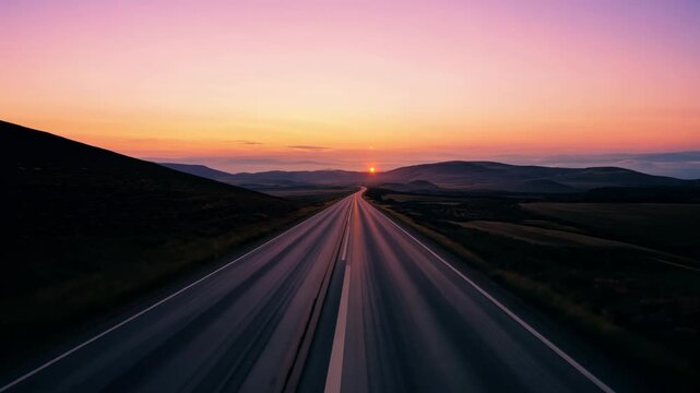 Empty road at sunset with mountains and a vibrant sky