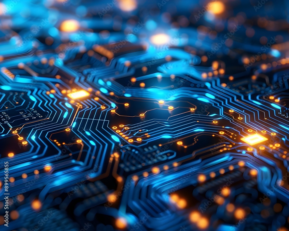 Poster intricate cyber circuit board with glowing blue nodes and lines futuristic digital technology backgr