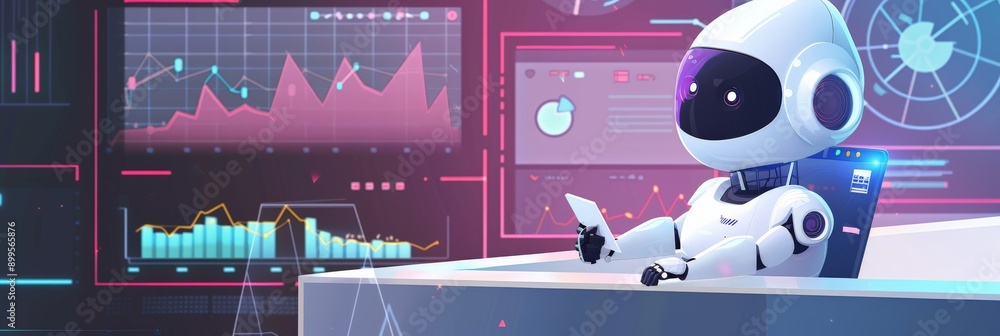 Poster Robot analyzing financial data on screens with charts and graphs. High-tech AI in finance and analysis.