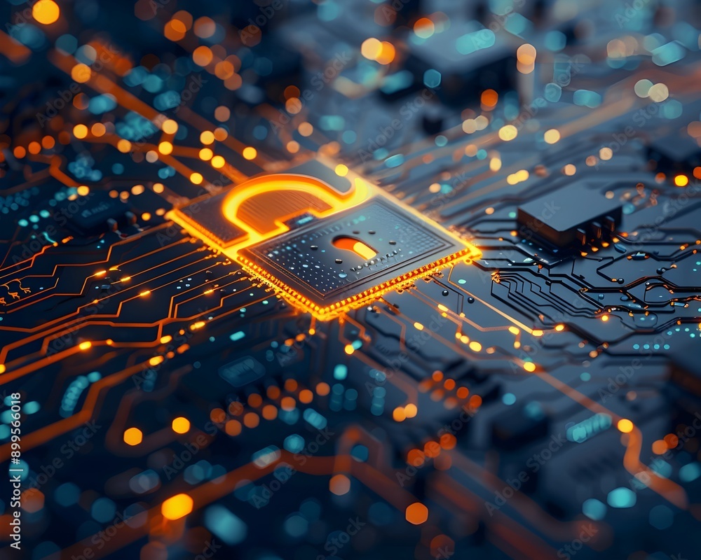 Aufkleber glowing cybersecurity circuit board with advanced lock concept