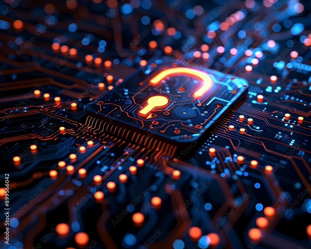 Poster cybersecurity concept with glowing lock and circuit board patterns secure and advanced technology ba