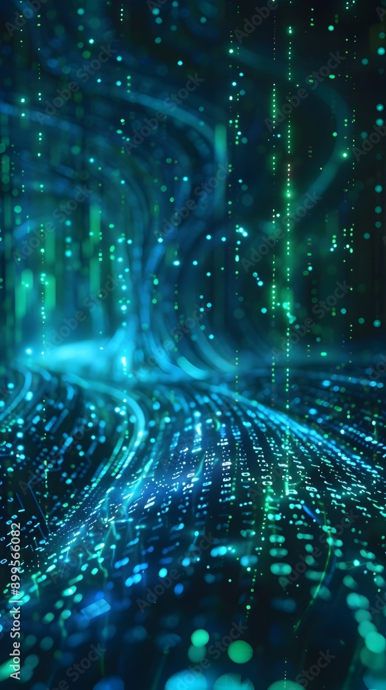 Poster mesmerizing cyber matrix background with flowing binary code and digital data stream in blue and gre