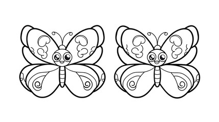 A black and white illustration of two cute butterflies, perfect for a children's coloring page, featuring simple and whimsical designs.