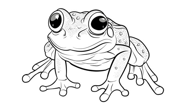 recommend clip art: A black and white illustration of a cute frog, ideal for a children's coloring page, featuring a friendly and whimsical design.