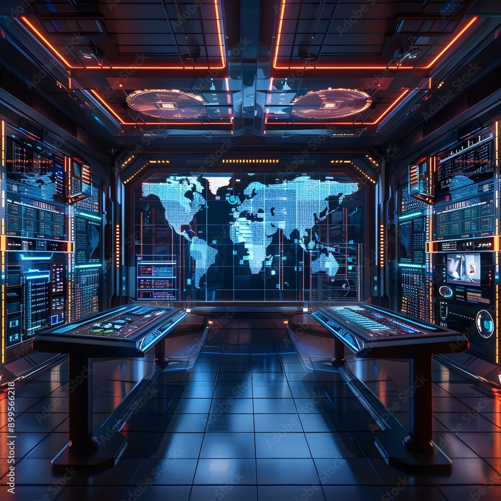 Poster futuristic cyber hub with digital panels and holographic displays advanced data visualization and an