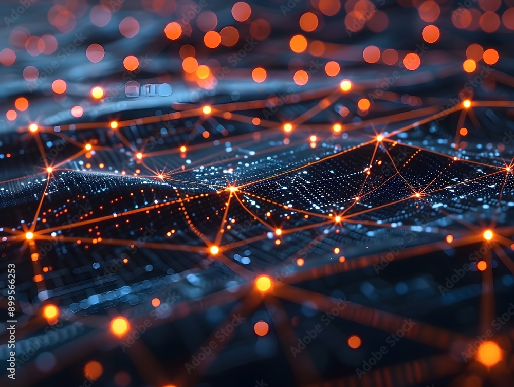 Poster futuristic digital interface with glowing cyber connections and nodes