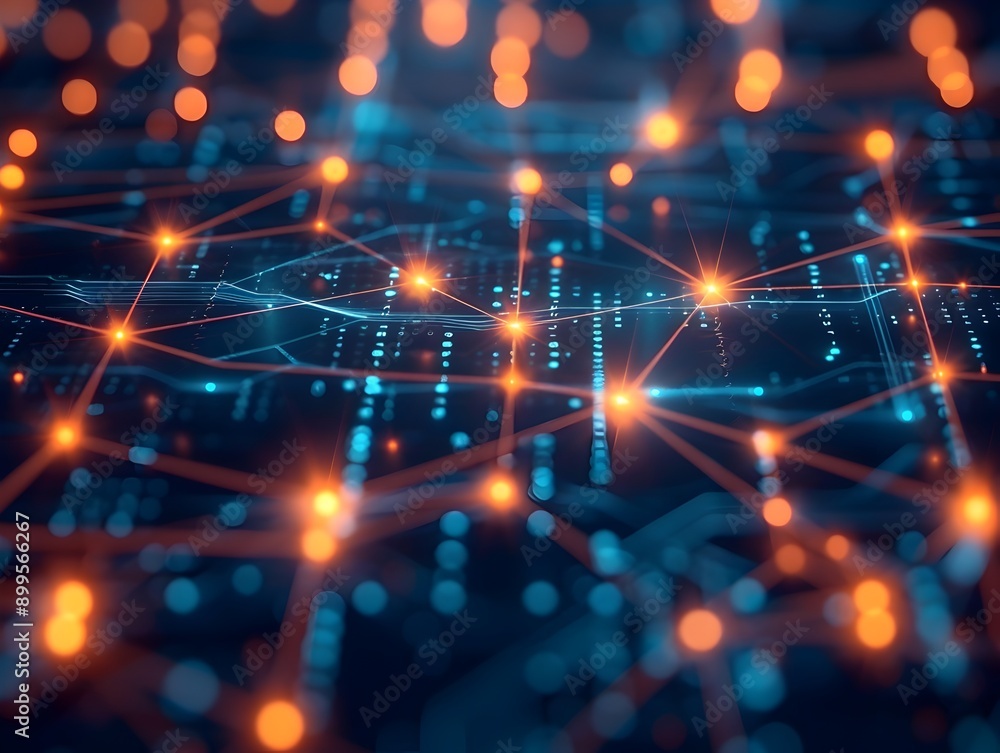 Poster futuristic cyber interface with glowing nodes and digital connections