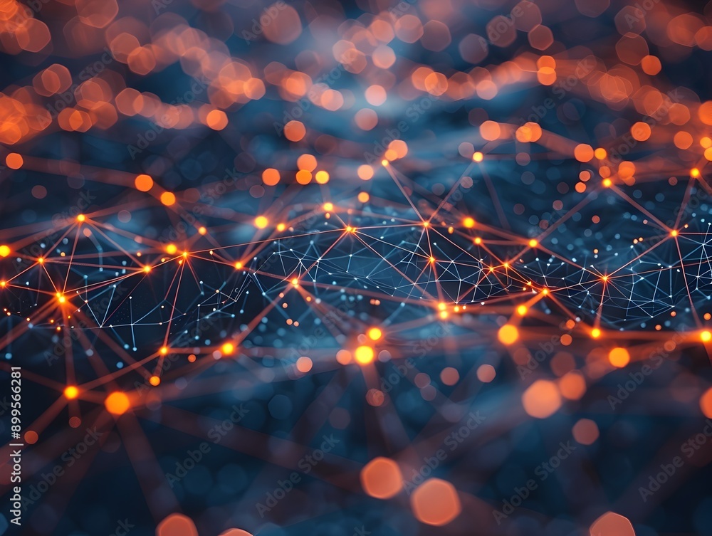 Poster glowing digital network interface with interconnected nodes and lines futuristic high tech backgroun