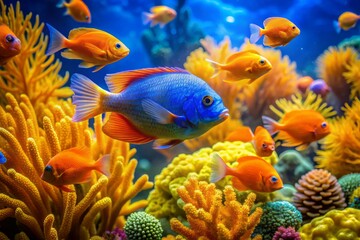 Obraz premium Vibrant orange and blue tropical fish with yellow fins swims amidst intricate coral formations and lush seaweed in a sunlit oceanic ecosystem.