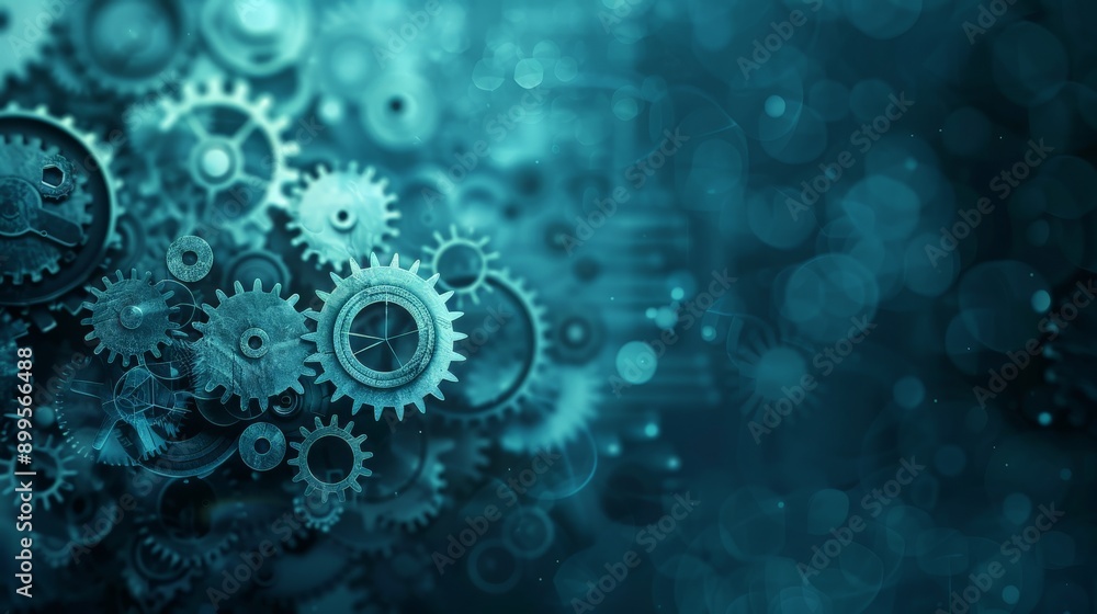 Poster close-up of mechanical gears in motion with a blue light. industrial machinery and engineering conce