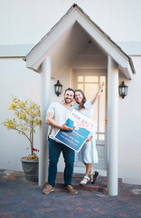 Portrait, keys and happy couple with sign for new home, sale and investment loan. Real estate, man...