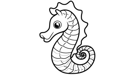 Fototapeta premium Adorable seahorse with big eyes and curly tail in a simple line art style, ideal for children's coloring activities.