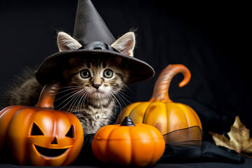 little kitten in witch hat sitting next to pumpkins on black background