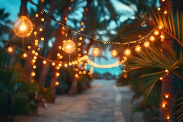 String lights wrapped around palm trees on a beach path at dusk
