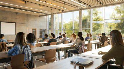 Fototapeta premium A spacious, well-lit classroom with students attentively engaged, facing the instructor, capturing the essence of modern, collaborative learning.