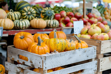Autumn market with fresh produce in boxes, pumpkins and vegetables