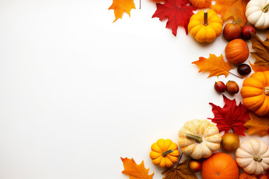 A white background with orange and yellow pumpkins and leaves