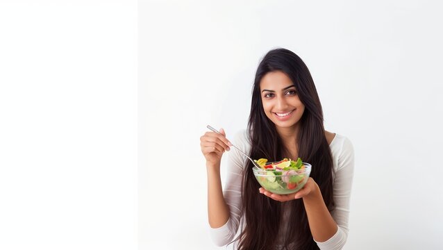 An Indian woman eating salad from a glass bowl using a fork isolated on a white background, enjoying a healthy meal, nutritious food, weight loss