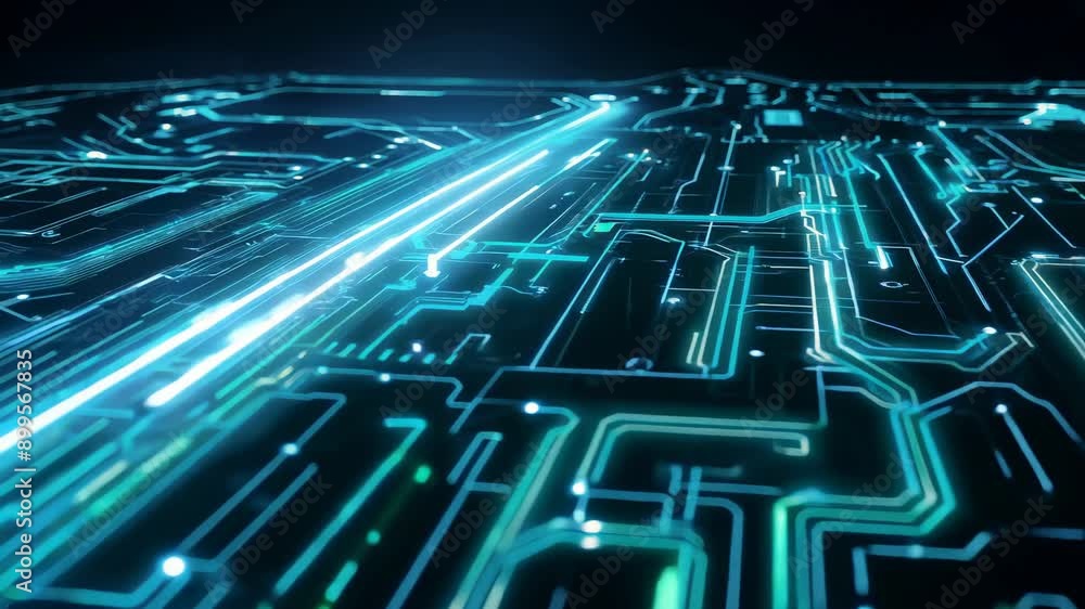 Poster glowing circuit board close-up showcasing neon patterns and design elements