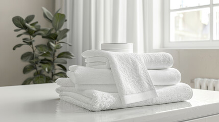 Naklejka premium Bright and clean bathroom interior with neatly stacked white towels and a plant, promoting a sense of cleanliness and relaxation.